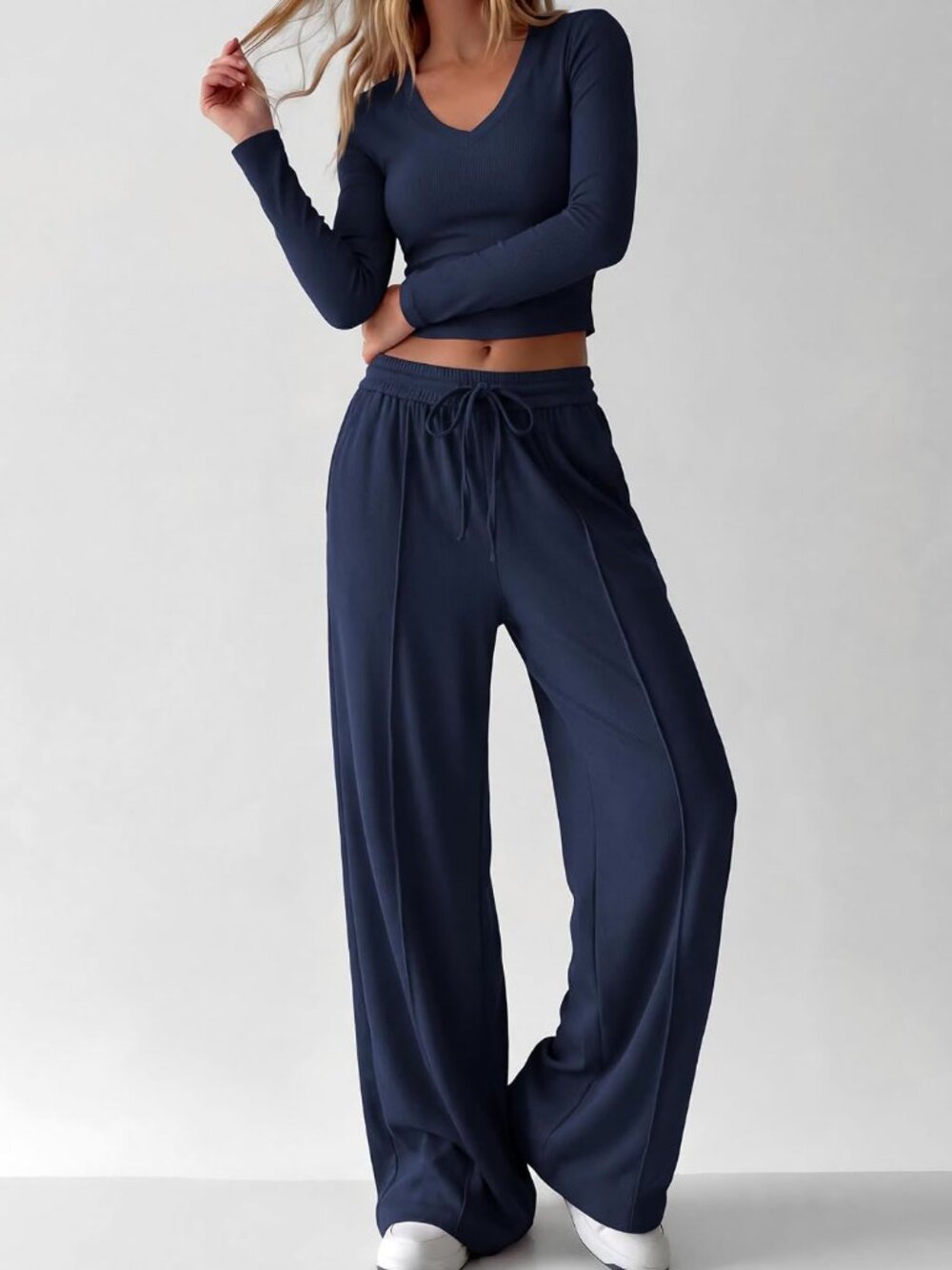 PRETTYGARDEN Navy Blue Ribbed V-Neck 2pc Lounge Set M #8